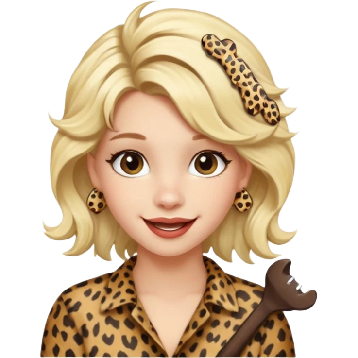 Une fille blonde et joyeuse. Elle porte une coiffure rock et originale avec 3 pinces pour cheveux  léopard et motif peau de vache. emoji