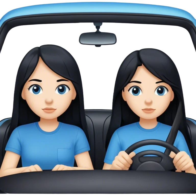Two girls both with black long hair one with a blue shirt one with a black shirt in a white car driving to a destination emoji