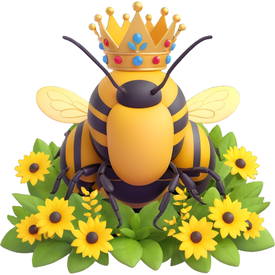 a bumblebee sporting a funny makeshift queen crown assembled from random garden items emoji