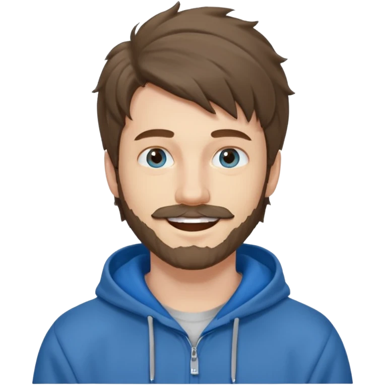 25 year old man, short scruffy beard and thin moustache, brown puffy mullet, blue eyes, big smile, white teeth, big lips, pronounced jaw, hair longer in back, sticking up on top, thin face, grey hooded sweatshirt, pale skin, big smile, blue eyes, puffy hair emoji