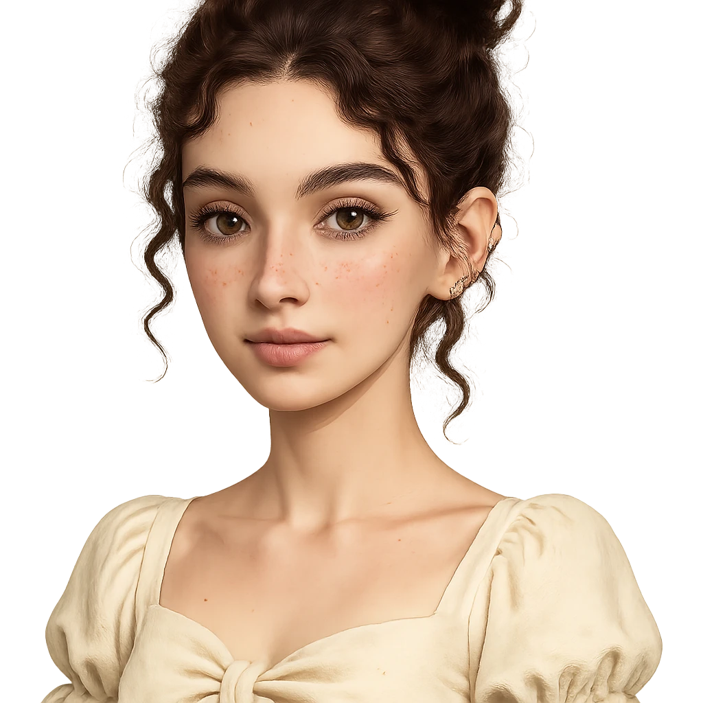 Portrait of a cute white-skinned girl with a V-shaped face and slim build, dark brown curly hair up to shoulder blades styled in a messy bun with two curly strands and a mini curl in front of each ear. Large almond-shaped brown eyes with a neutral to positive gaze, very long lashes, subtle straight brown eyeliner, brown waterline. Medium Greek nose, straight and slightly thick brown eyebrows, medium lips with light brown lipstick. Noticeable cute pink blush, few freckles on cheeks and nose, wearing coquette style clothing. Piercings: 1, 2, 3 lobes, helix and tragus on each ear. Neutral background. emoji