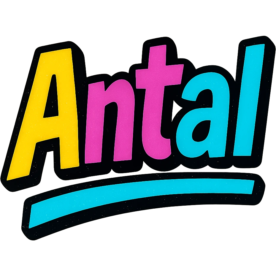 modern colorful gradient typography of the name 'Antal' with dark outline, dynamic slanted or partial underline, transparent background, in the style of the sample images emoji
