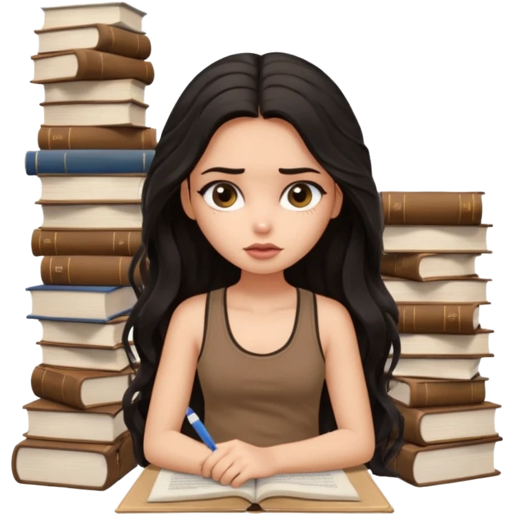 a pretty bratz light dusky girl with long wavy black hair in a brown tank top studying and lookinh tired with stacks of books and papers emoji