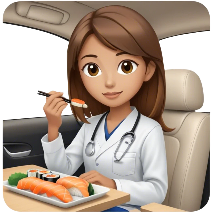 My little girlfriend Emmy, she is cute, is skinny, likes to eat sushi, wears scrubs. Has brown high with highlights, drives white tesla emoji