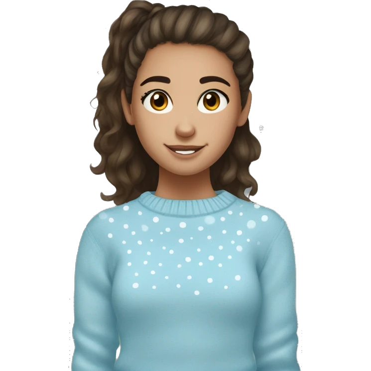 teenage girl, hispanic, freckles, afro brown hair, pony tail, short hair, brown eyes, light blue sweater, winter sweater, freckles, face dots emoji