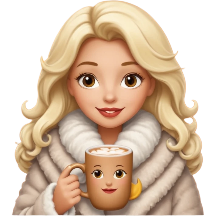 Tanned Girl with lashes , blonde hair, in an extremely big fluffy oversized coat and hold hot chocolate drink and half moon eyes , big lip emoji