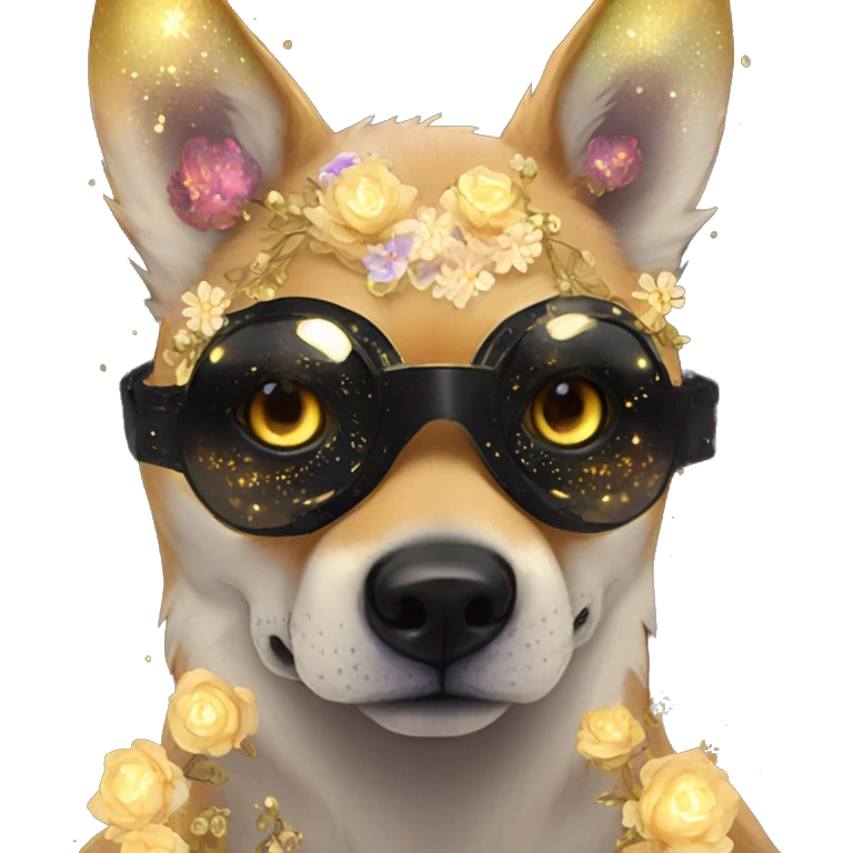 Black iridescent dog fox face head zombie skeleton gold mechanical nebula galaxy stars flowers fairy lights vintage emoji