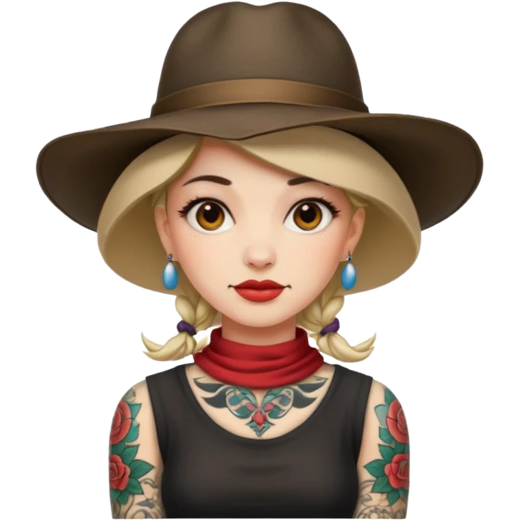 Woman with sleeve tattoos and wide-brim hat emoji
