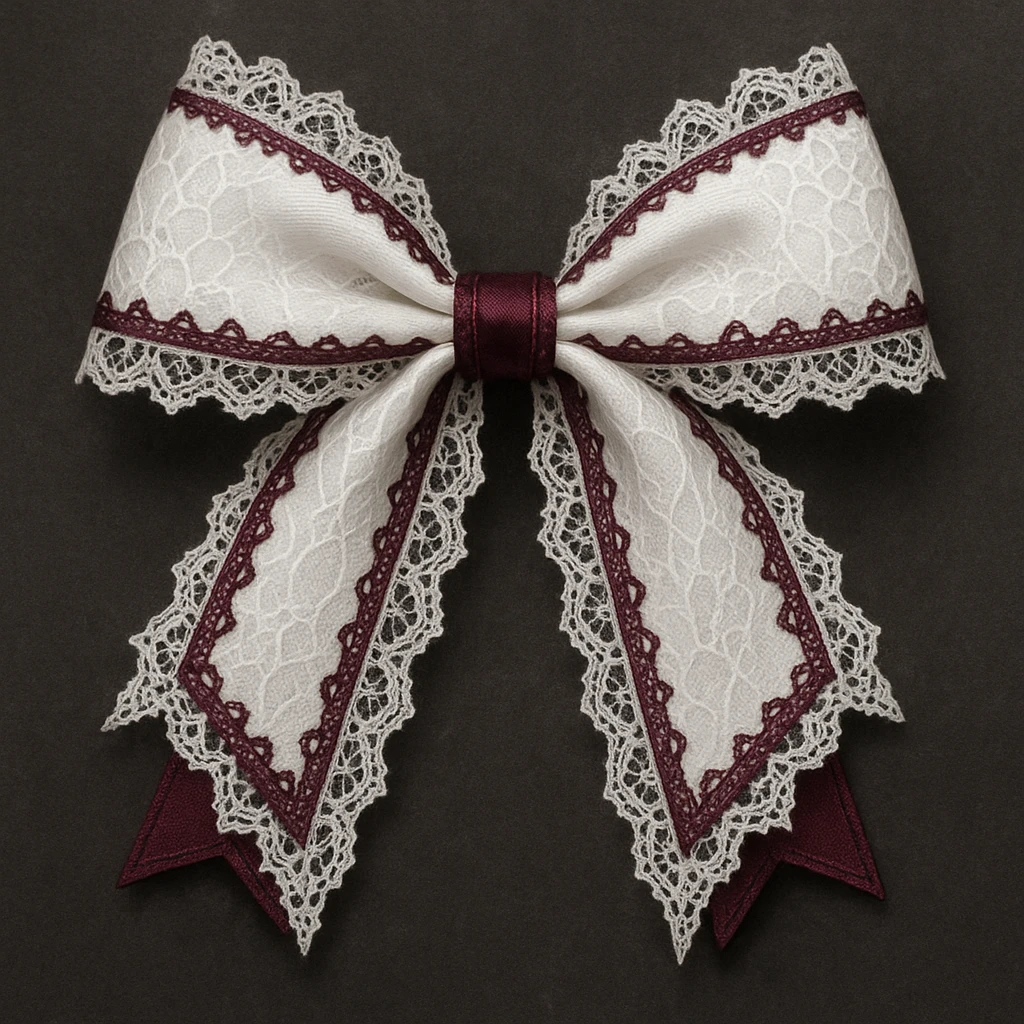 Edit the image to depict a white gothic bow with lace details and dark pink accents in a general style. emoji