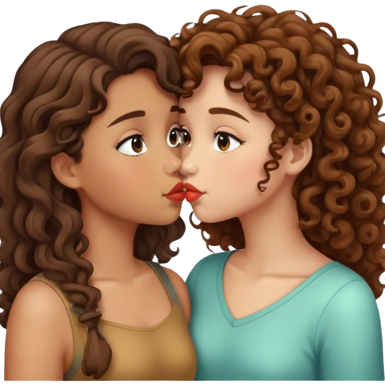 Two girls kissing both tan one with curly hair the other with straight hair both have brown hair emoji