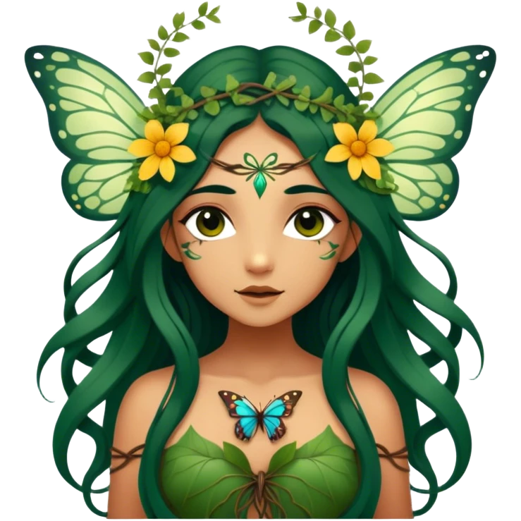 Cinematic Realistic Forest Nymph Fairy Portrait, depicted with lifelike, sun-kissed tanned skin that radiates an earthy glow, softly illuminated by natural, dappled light. Her long, flowing dark green hair is intricately detailed and interwoven with delicate vines and wildflowers, while her deep, soulful eyes mirror the wisdom of the forest. Dressed in an attire inspired by nature’s palette—with subtle botanical motifs—the portrait exudes a soft, enchanted glow that melds realism with woodland magic showing her large butterfly wings from her back. emoji