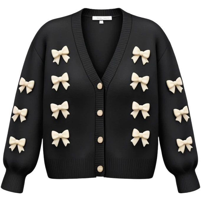 black cardigan with 8 tiny ivory bows all over front and sleeves, realistic 3d isolated, soft texture emoji