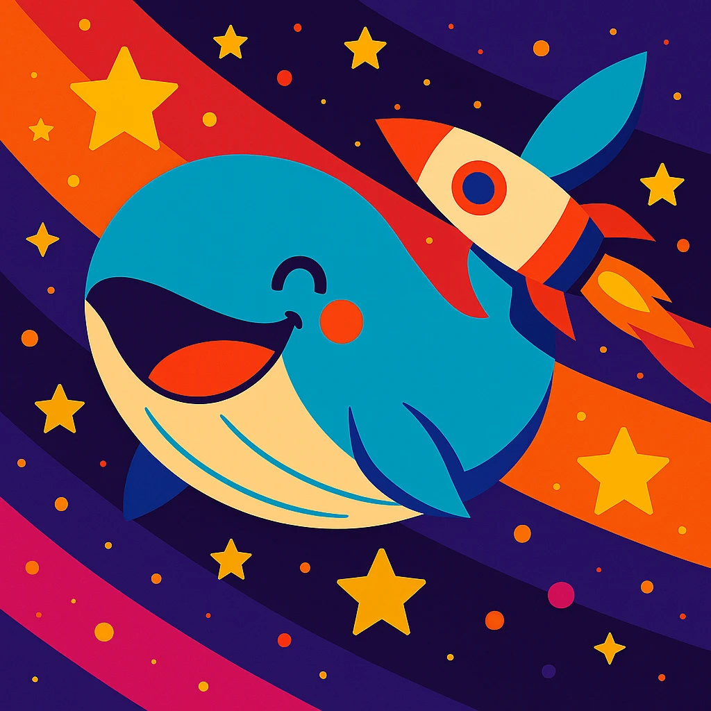Add a colorful rocket ship flying near the happiest whale in space, maintaining the vibrant, joyful style and cosmic background. emoji