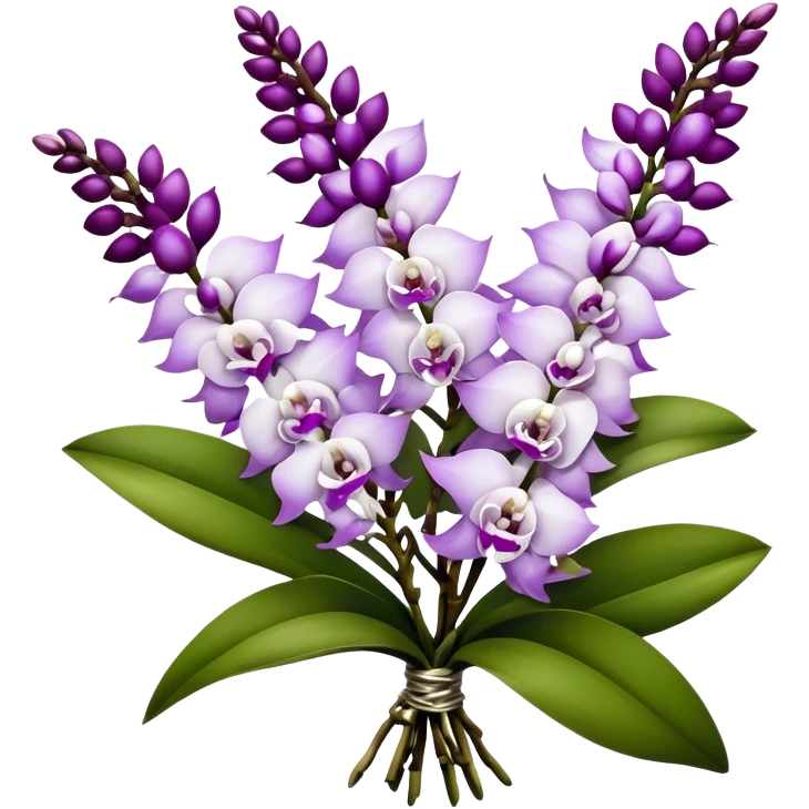 big bouquet white purple Rhynchostylis Orchid, stem, leaf, luxuriant emoji
