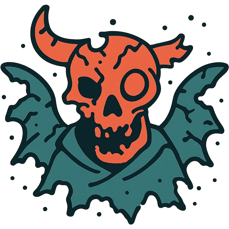 maximum deterioration: a barely-there red line drawing of a single hybrid skull combining minotaur and stoat skull features into one entity (not two separate skulls), with broken horn, one glowing red eye, hints of a cape, and deteriorated moth wings, perimeter mostly missing, extreme fragmentation, massive gaps, severely eroded to near non-existence, like ancient damaged artifact at final stage of decay emoji