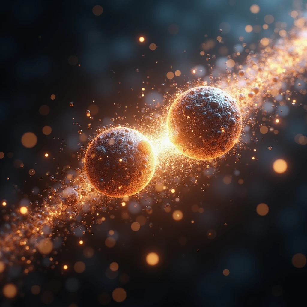 two molecules traveling at 90 percent the speed of light, colliding with each other, energetic impact, glowing effects, photorealistic style, dynamic scene emoji