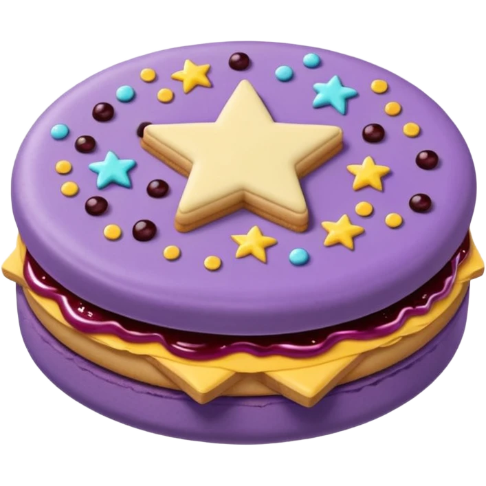 a pastel purple sandwich cookie with soft crumbly texture, a star-shaped jam cutout in the center showing glossy dark berry filling, and creamy filling with colorful sprinkles. Minimal emoji style, smooth shading, high detail, centered object, no background, sweet playful vibe emoji