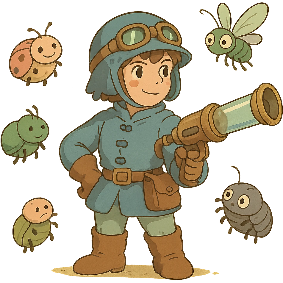 bug shooter whimsical character surrounded by cute bugs and a gadget emoji