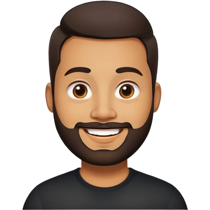 Heavier-set producer with light brown skin, pear-shaped face, full cheeks, big cheerful smile, warm inviting eyes, thick eyebrows, wide nose, short well-groomed beard, very short dark hair, wearing a black shirt emoji