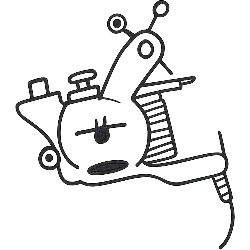 Tattoo machine, black and white sketch, no color, hand-drawn look, textured lines, white background, hand drawn icon with no fill, detailed and artistic. emoji