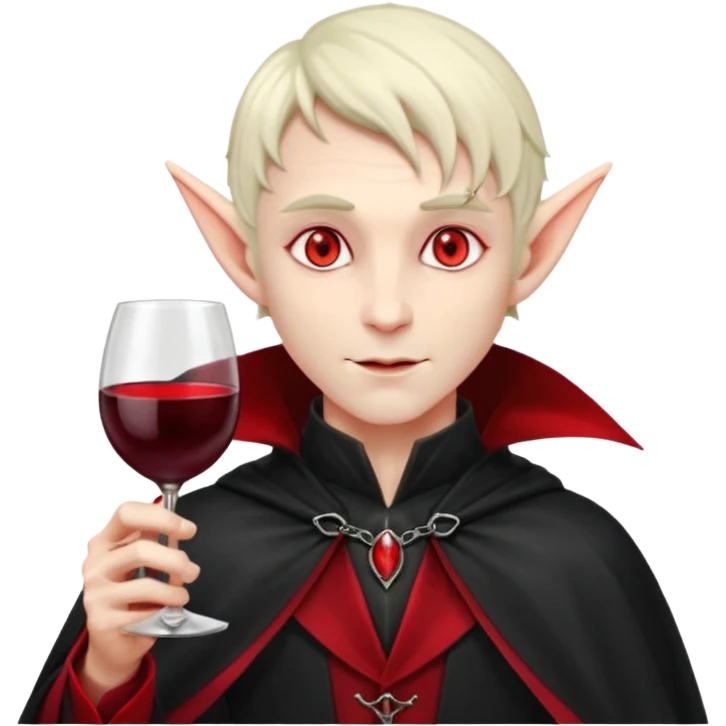male elf vampire emoji, pale skin, red glowing eyes, long pointed ears, black high-collared cloak with red lining, holding a wine glass filled with red liquid, elegant Halloween fantasy look, smooth Apple emoji style, clean white background, square image emoji