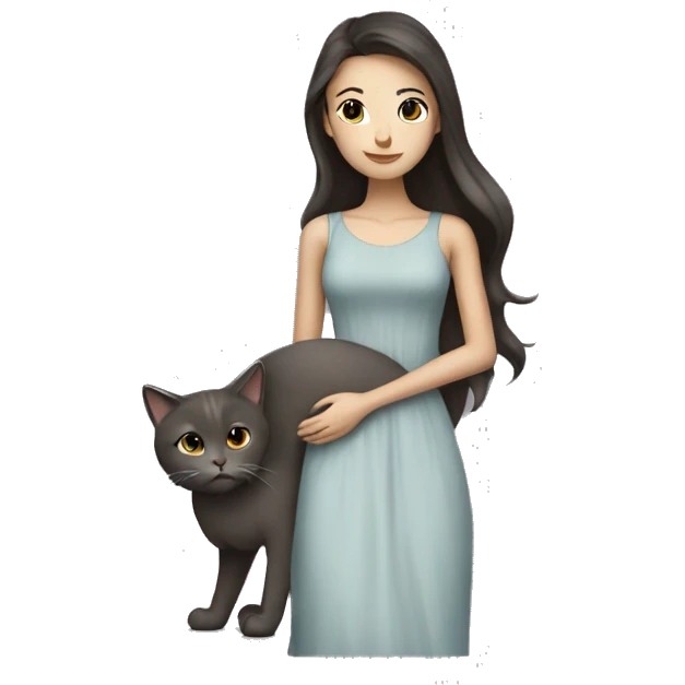 Beautiful skinny woman long dark brown hair in dress hug grey cat emoji