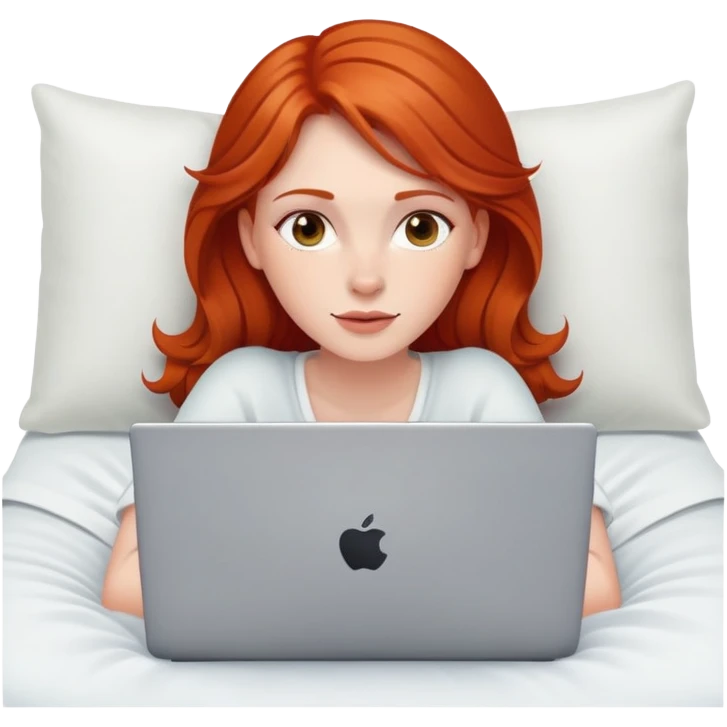 redhead woman is lying on the bed with laptop emoji