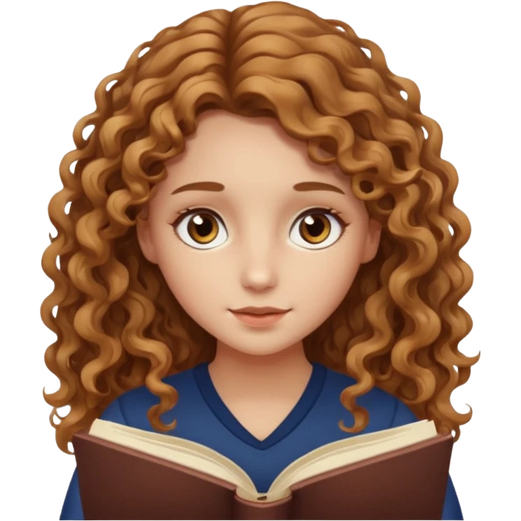 girl with brown light hair long curly, ambre eye, reading a book emoji