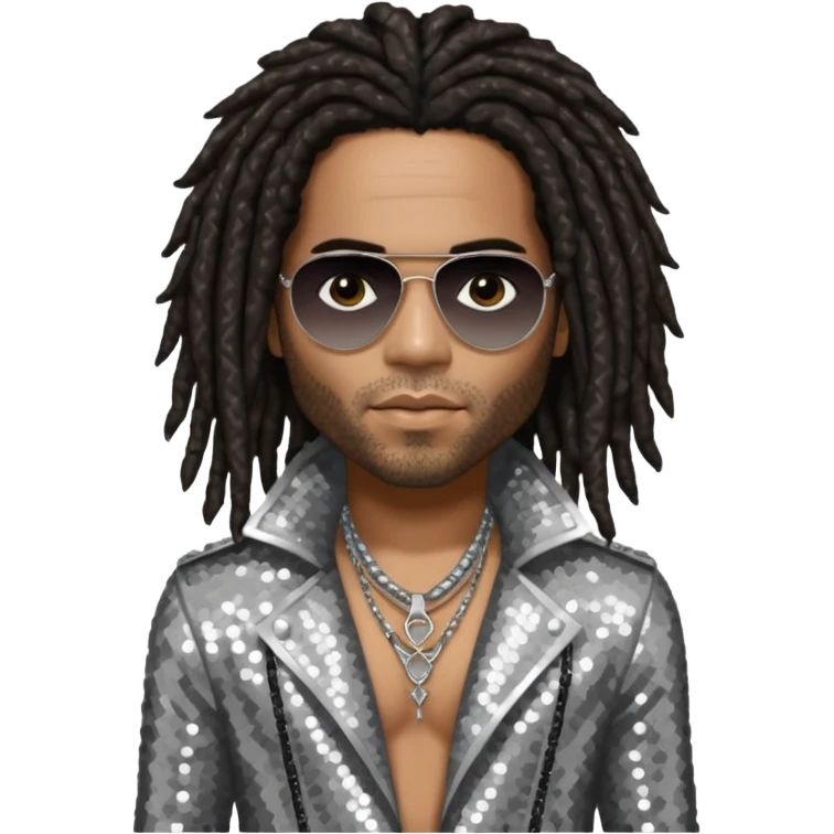Lenny Kravitz with long dark brown dreadlocks, silver sequin outfit emoji