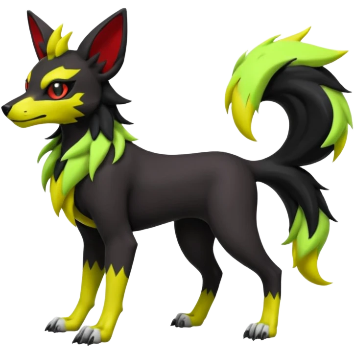 Hyper realistic skeletal black and neon green and neon yellow Poochyena-Lycanroc-Zorua-Litten-Houndoom-Fakémon-Pokémon-Digimon-hybrid-fusion (full body) emoji
