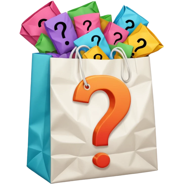 white goodiebag with questions mark boxes stuffed in it emoji