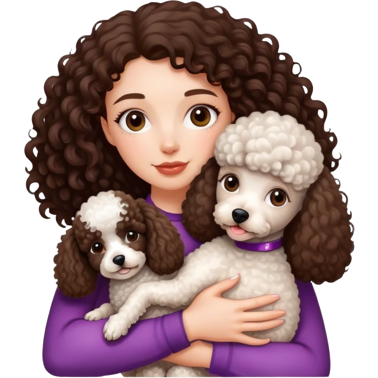 create a white curly haired girl (the hair is dark brown) hugging her poodle mini dog  emoji