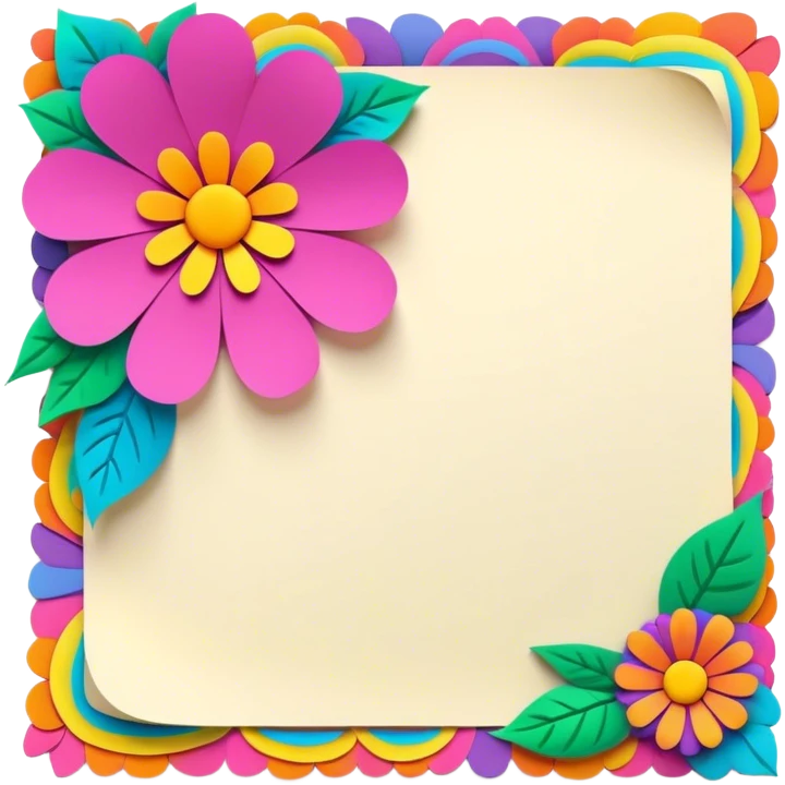 3D, psychedelic colored note paper with hippie style flower border emoji