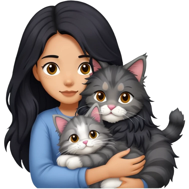 Girl with long black hair hugging a gray fluffy plush toy and a tricolor Maine Coon cat emoji