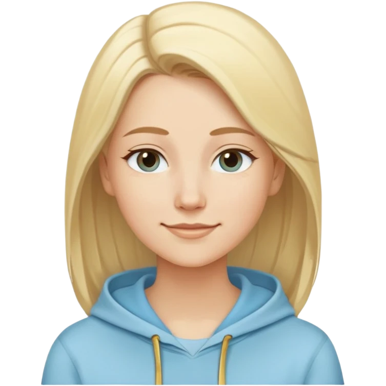Caucasian woman, oval face, straight light blonde hair with side part, serene smile, dreamy expression, light blue hoodie with gold and white details emoji