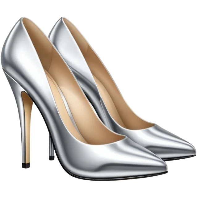 A pair of high heel shoes emoji made of polished silver chrome, elegant sharp silhouette, smooth metallic surface, glossy reflections, luxury sexy vibe, minimalistic iOS emoji style, centered, clean white background emoji