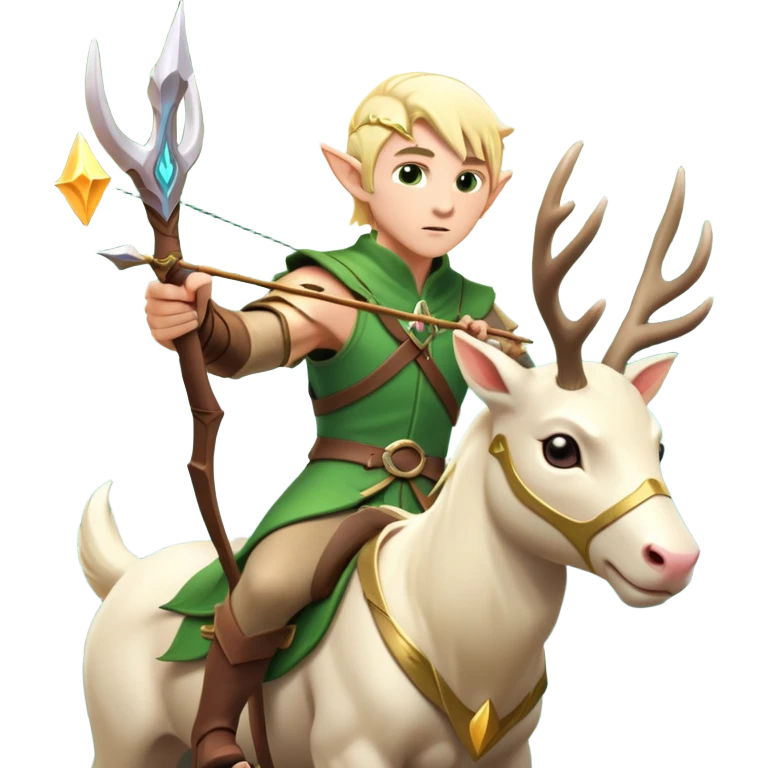 clash-of-clans-aesthetic-blond-male elf-archer-portrait-emoji, rendered in a flat, vector-style with minimal shading and bold, simplified shapes, head tilted slightly forward with a determined, focused expression, riding a majestic white stag whose antlers glow with mystical energy, set against an ancient, enchanted forest backdrop. emoji