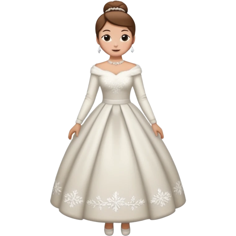 Chica blanca, pelo castaño con mondongos recogido, vestido novia invierno, cuerpo entero emoji