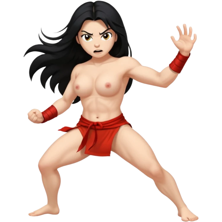 long black hair ((naked ))female big big boobs full body barefoot  ((black Thick pubic hair )) anger kung fu kicking Remove clothes emoji