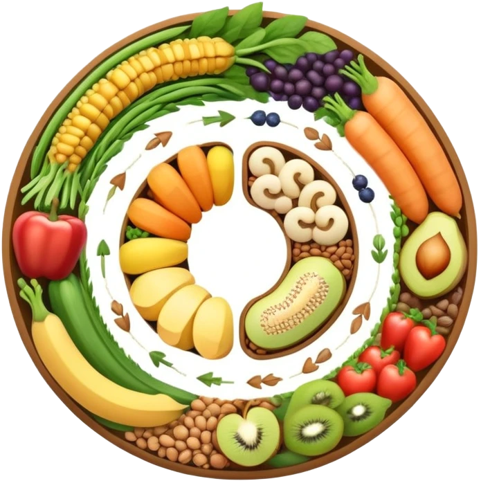 Dietary fiber concept with whole grains, fruits, vegetables and legumes arranged in a circular pattern, with a stylized intestine in the center showing fiber passing through, surrounded by small arrows indicating movement and digestion emoji