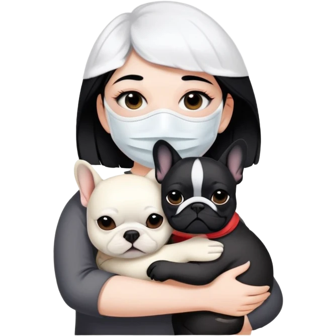 girl with short black straight hair and wearing a white mask and hugging a black French bulldog emoji
