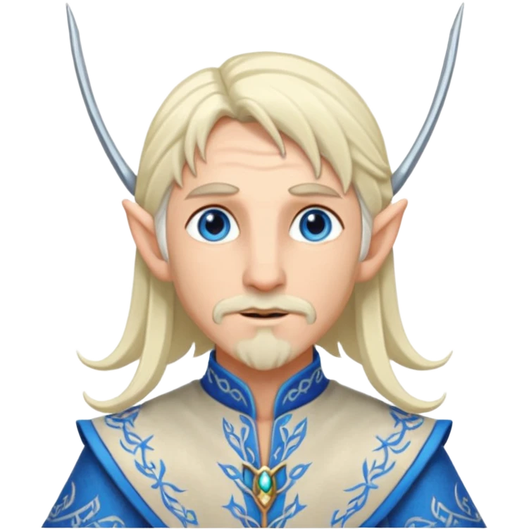 elf prince with pointy ears, white skin, silverblond shoulder-length hair, blue eyes, Chin beard, no crown or hat emoji