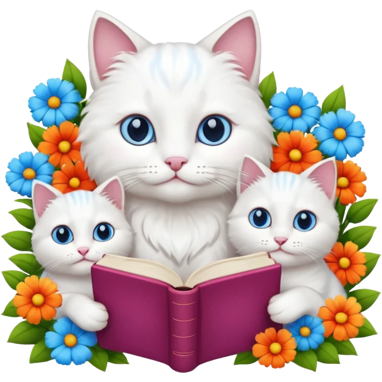  3 white Cats reading book + flowers  emoji