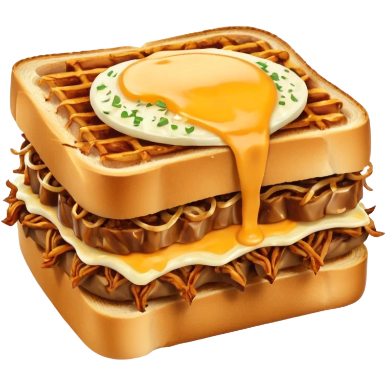 BBQ pulled pork frisco melt on texas toast with crispy onions, no egg on top emoji