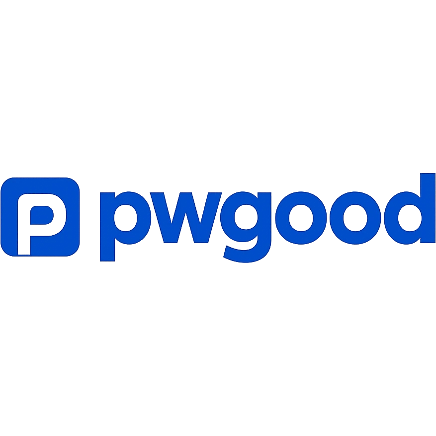 modern logo for 'pwgood' with bold sans-serif lettering, blue and white color scheme emoji