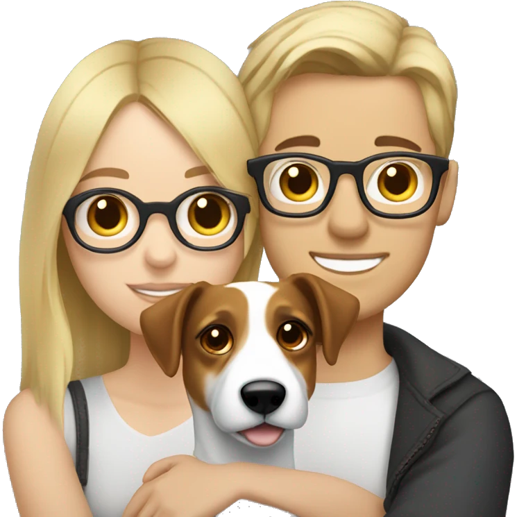 Blonde girl and her white boyfriend with brown hair and glasses cuddling a jack Russell  emoji