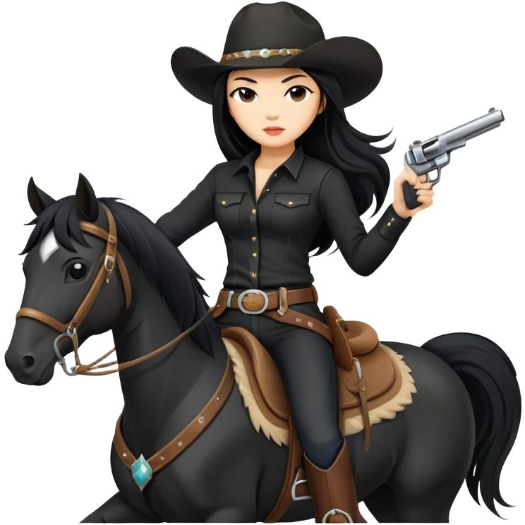 confident Asian woman with long black hair wearing black outfit riding a horse cowgirl style with a pistol emoji