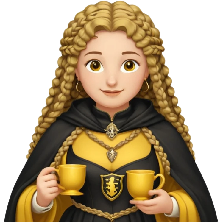 Helga Hufflepuff, 2 curly thick brown braids, yellow-black medieval dress, black cloak decorated with gold braiding, tiny two-handled shiny yellow-gold cup, very kind smile, curvy busty sweet woman, thick rosy cheeks emoji