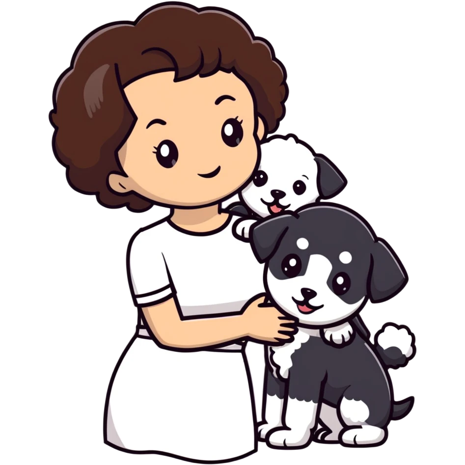 woman with short black hair hugging a brown poodle and a white bichon frise emoji