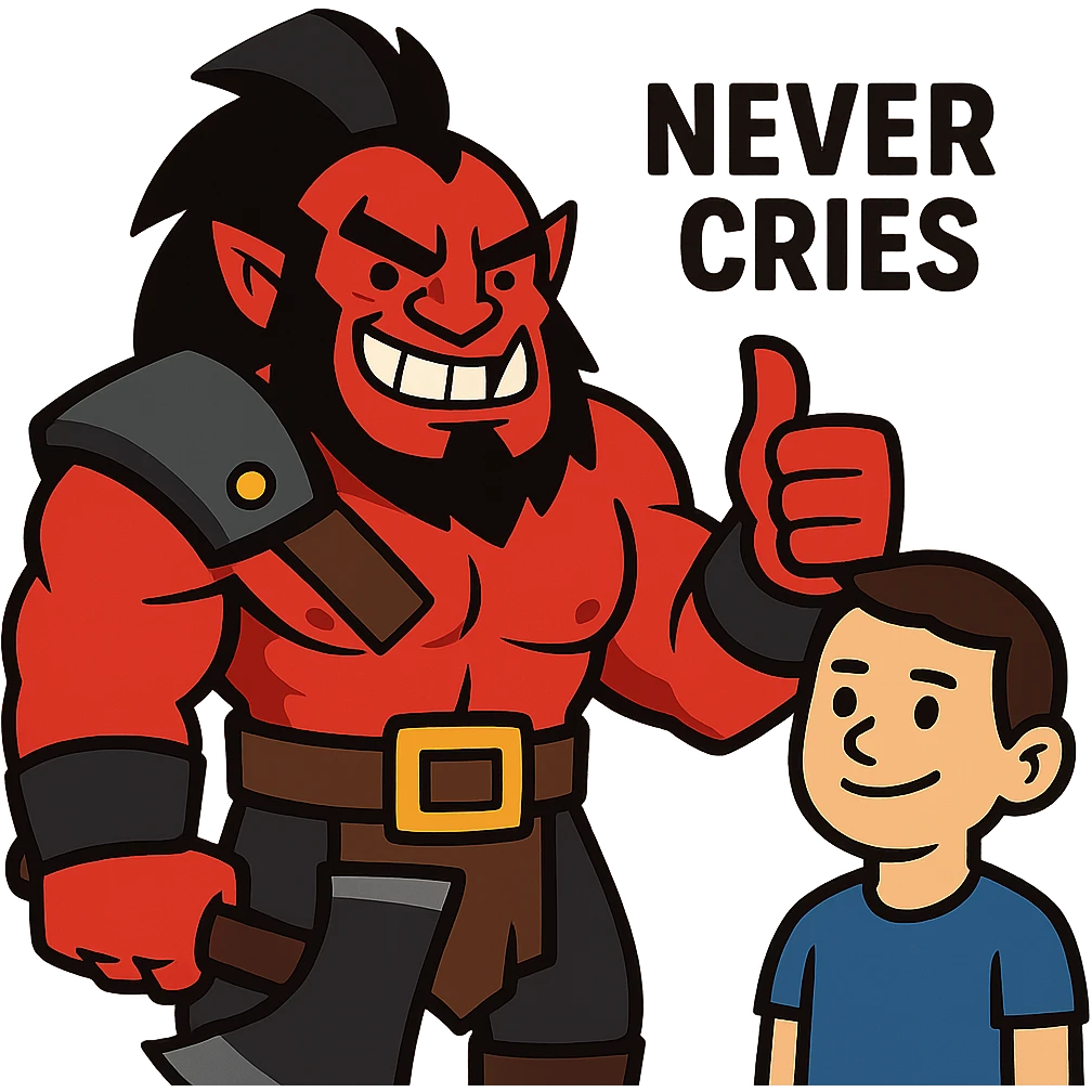 A cartoonish Dota 2 hero (like Axe) giving a thumbs-up to a player who never cries emoji